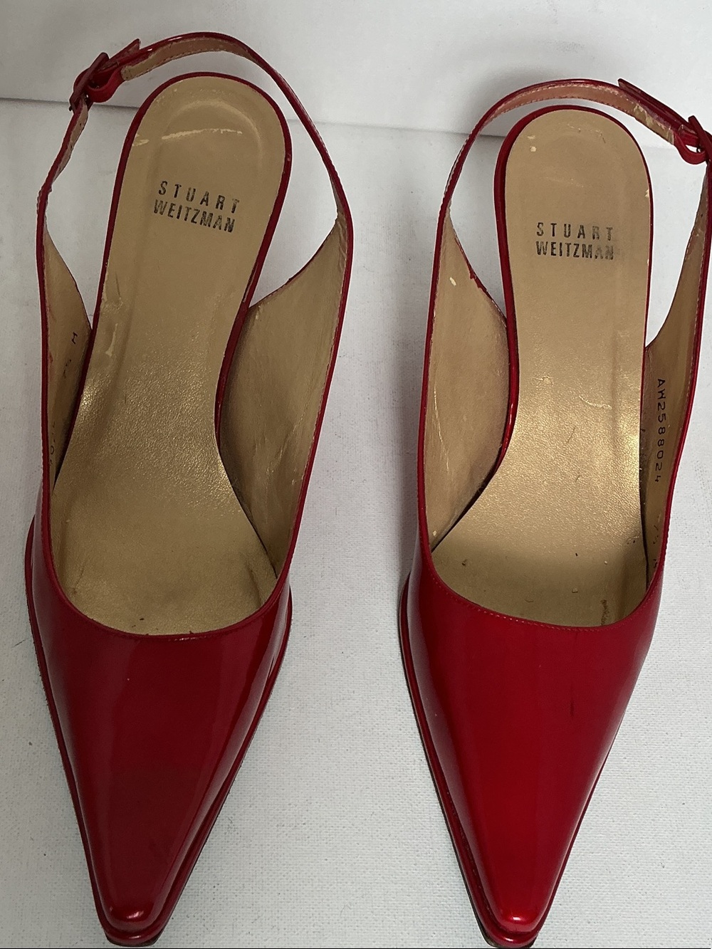 Stuart Weitzman Pointed Toe Slingback Ruby Red Patent Leather Wedge - Picture 6 of 9